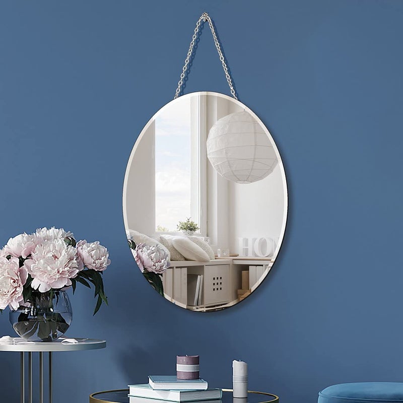QMDECOR Oval Silver Mirror with Iron Chain - 12x16 inch Vertical or Horizontal Wall Hang Frame Less Mirror - 5 mm Beveled Handicraft Mirror - Image 2